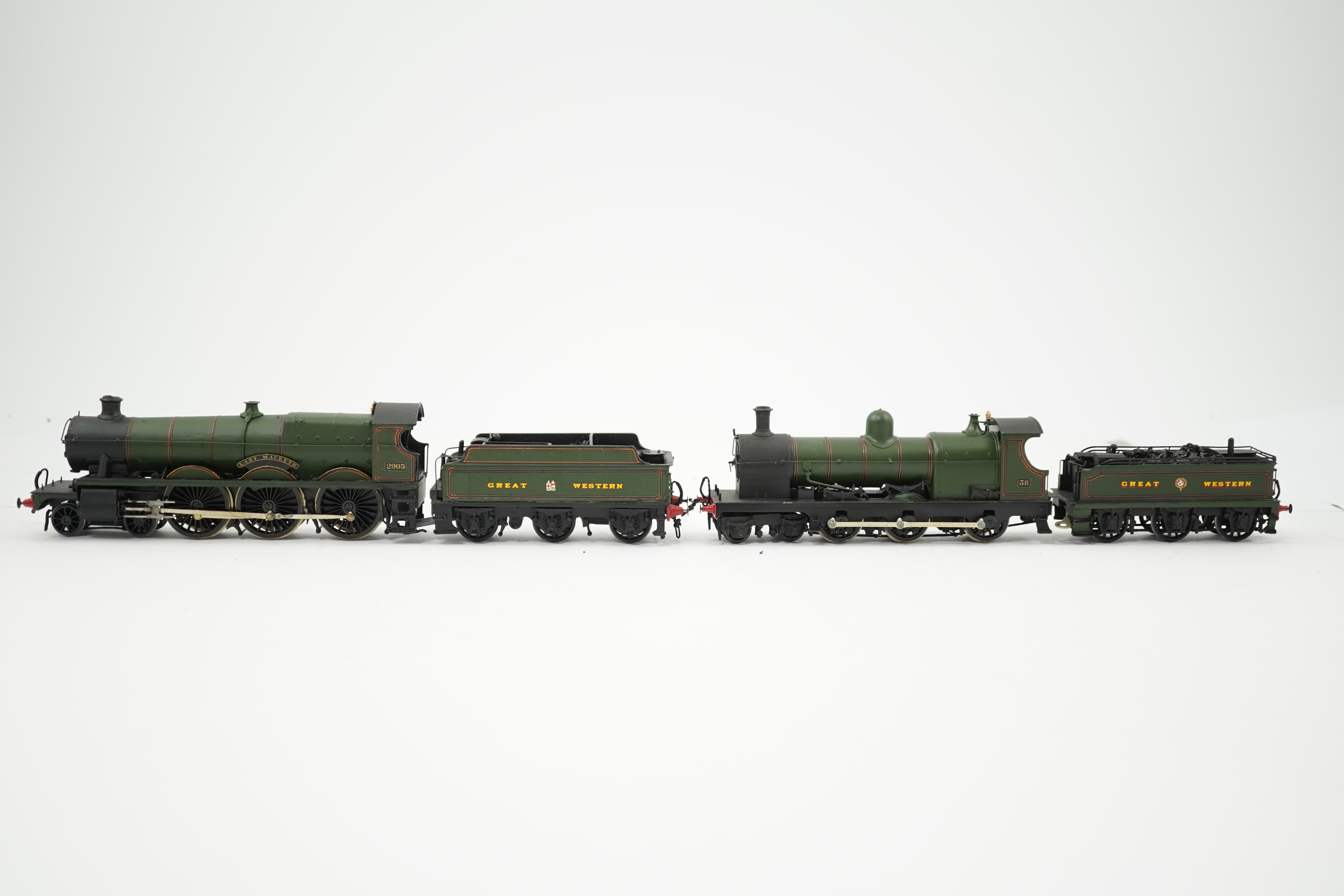 Two 00 gauge brass and white metal kit built GWR tender locomotives; a 2900 class 4-6-0, Lady Macbeth 2905, together with a Dean ‘Crocodile’ No.38 4-6-0, constructed, painted and lined to a high standard, both motored fo